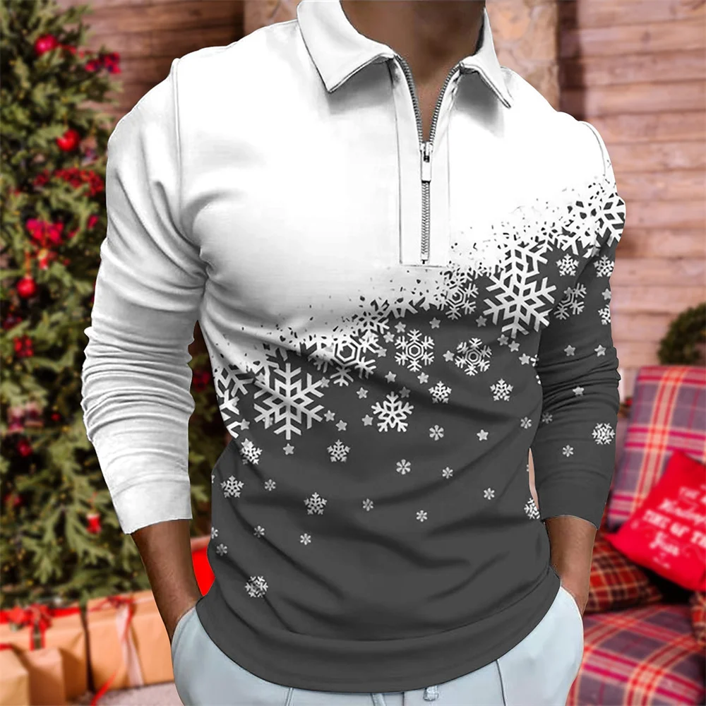 Polo para hombre con estampado gráfico de copo de nieve, camisa de Golf, ropa de calle de Navidad, manga larga, cremallera, moda, 3D