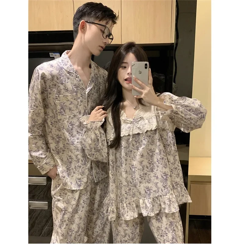 100% Cotton Ruffle Couple Sleepwear Women Men Painting Pyjamas Long Sleeve Nightdress Autumn Winter Sets Pants Home Clothes S435