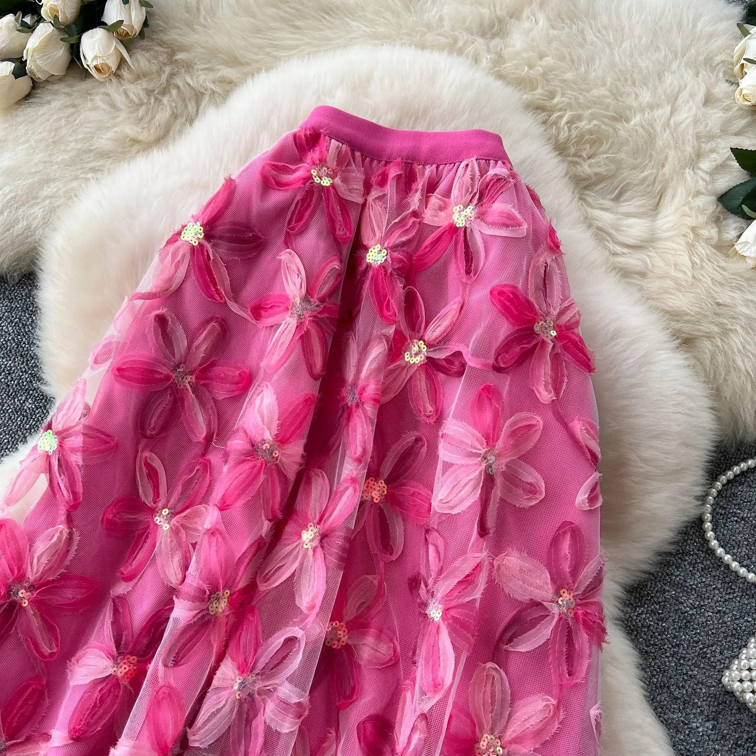 Autumn Winter Flower Embroidery Sequin Mesh Midi Skirts Women 2026 Korean Style Fashion Elegant High Waist Faldas