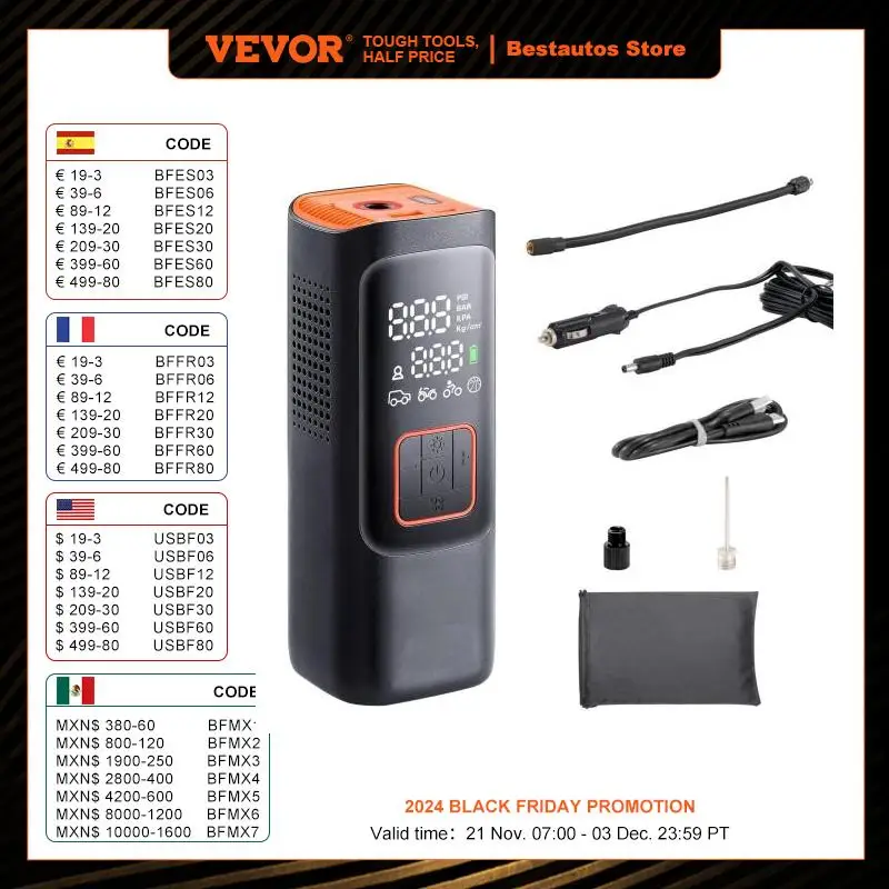 VEVOR Tire Inflator Portable Air Compressor 7800mAh Battery & 12V DC Dual Power 2X Faster 160PSI for Car Motorcycle Bike Ball