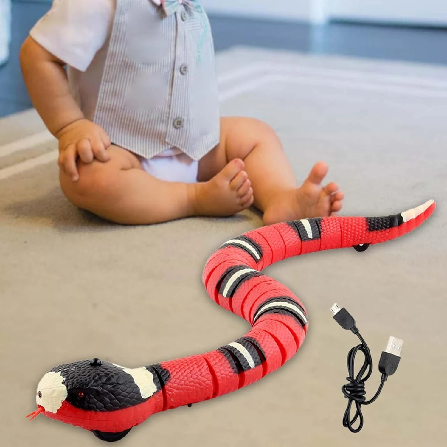 Realistic Interactive Rechargeable Sensing Snake Cat Toy - Small Pet Toys with Automatic Obstacle Detection, Tricky Simulation f