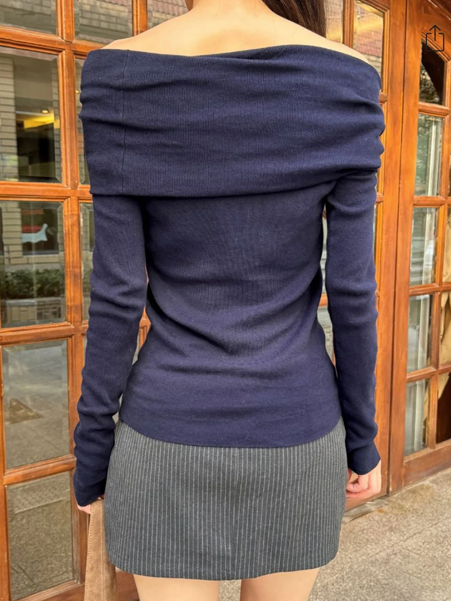 New Navy Knit Long Sleeve T-shirts Women Sexy Slash Neck Solid Simple Slim Cotton Tees Vintage Casual Preppy Style T Shirt Y2k
