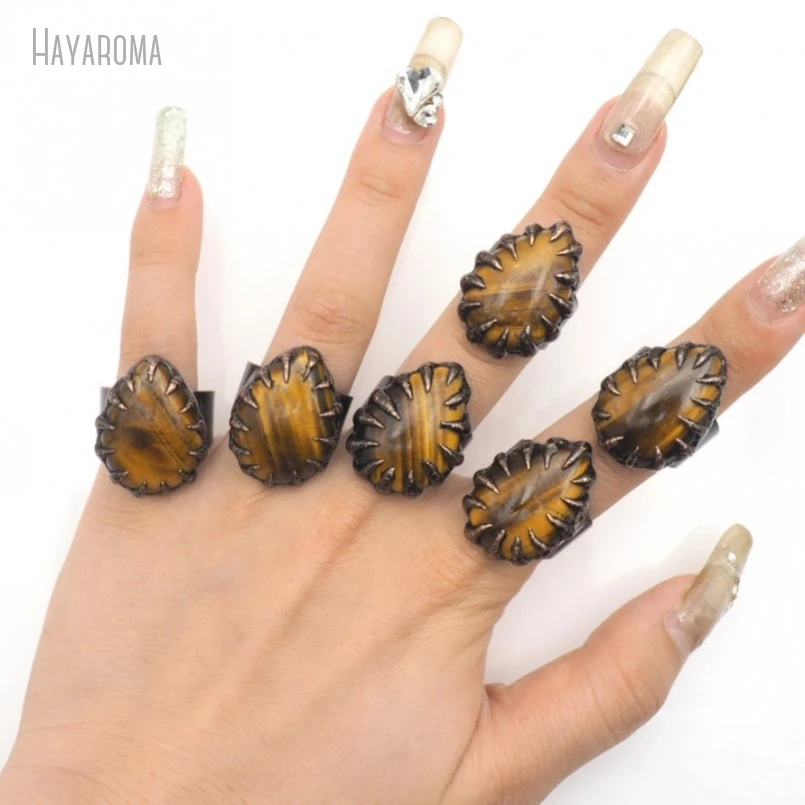 

10Pcs Wholesale Vintage Style Handmade Soldered Drop Shape Teardrop Antique Bronze Color Tin Tiger Eye Stone Ring RM50061