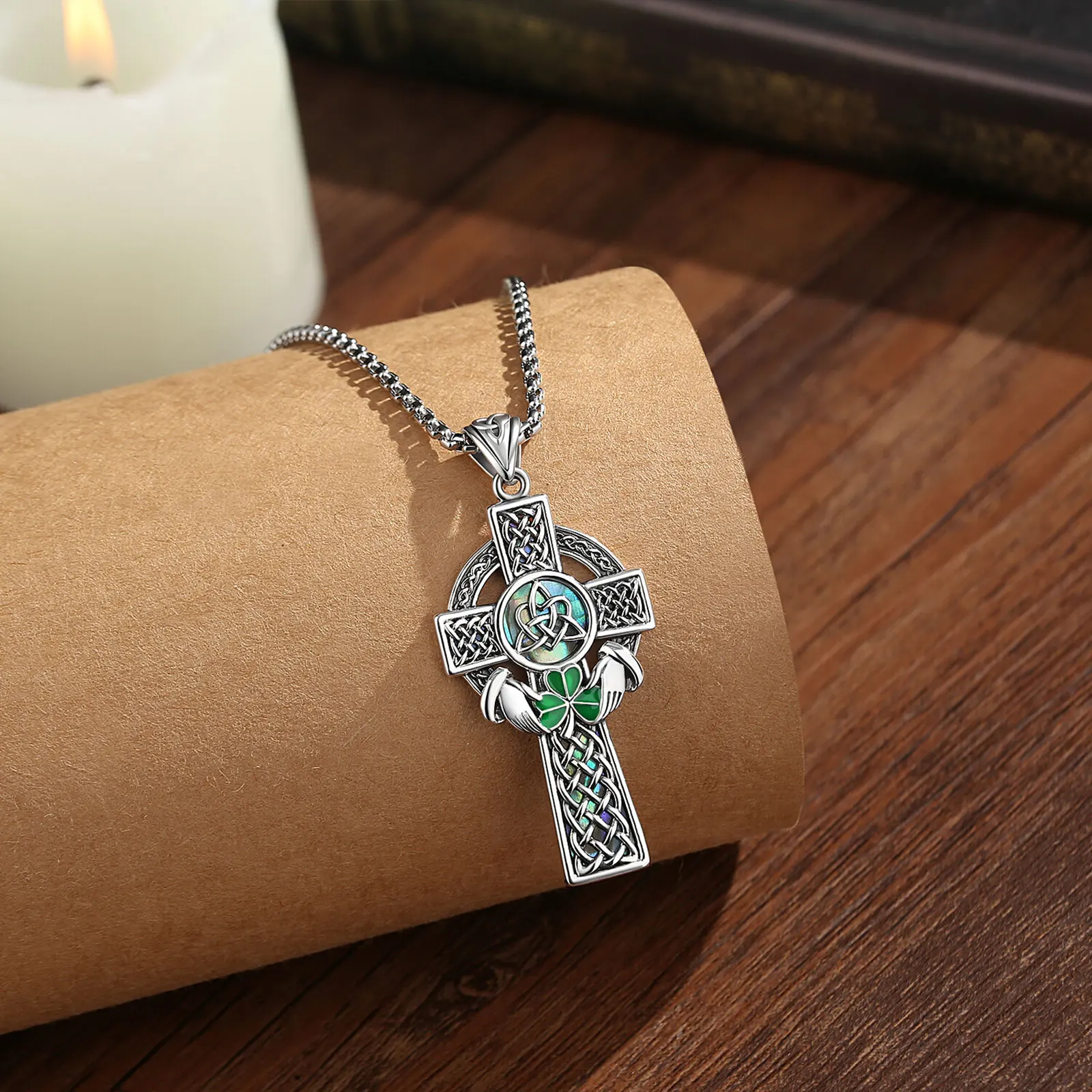 AEONSLOVE Celtic Cross Necklace Abalone Shell Triquetra Trinity Knot Claddagh Clover Pendant Irish Pagan Jewelry for Women Men
