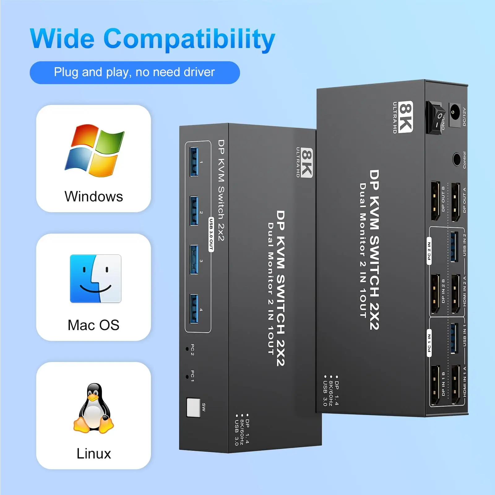 

8K USB 3.0 Displayport KVM Switch 2 Monitors 2 Computers 8K@30Hz 4K@144Hz Dual Monitor DP 1.4 KVM Switches with 4 USB 3.0 Port