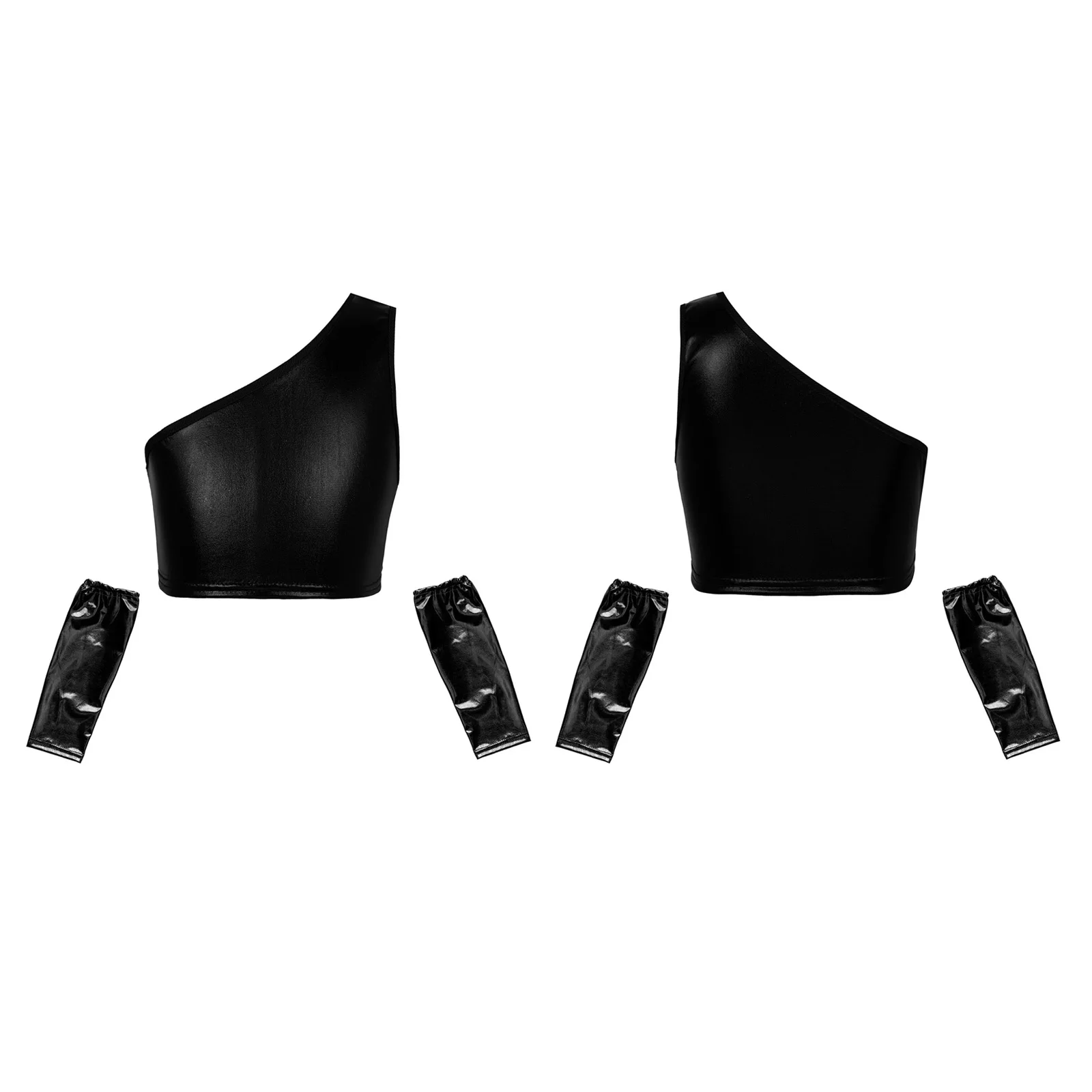 

Girls Ballroom Dance Performance Outfits Asymmetrical Street Dancewear Sleeveless Metallic Crop Top+ Gloves for Dance Practice