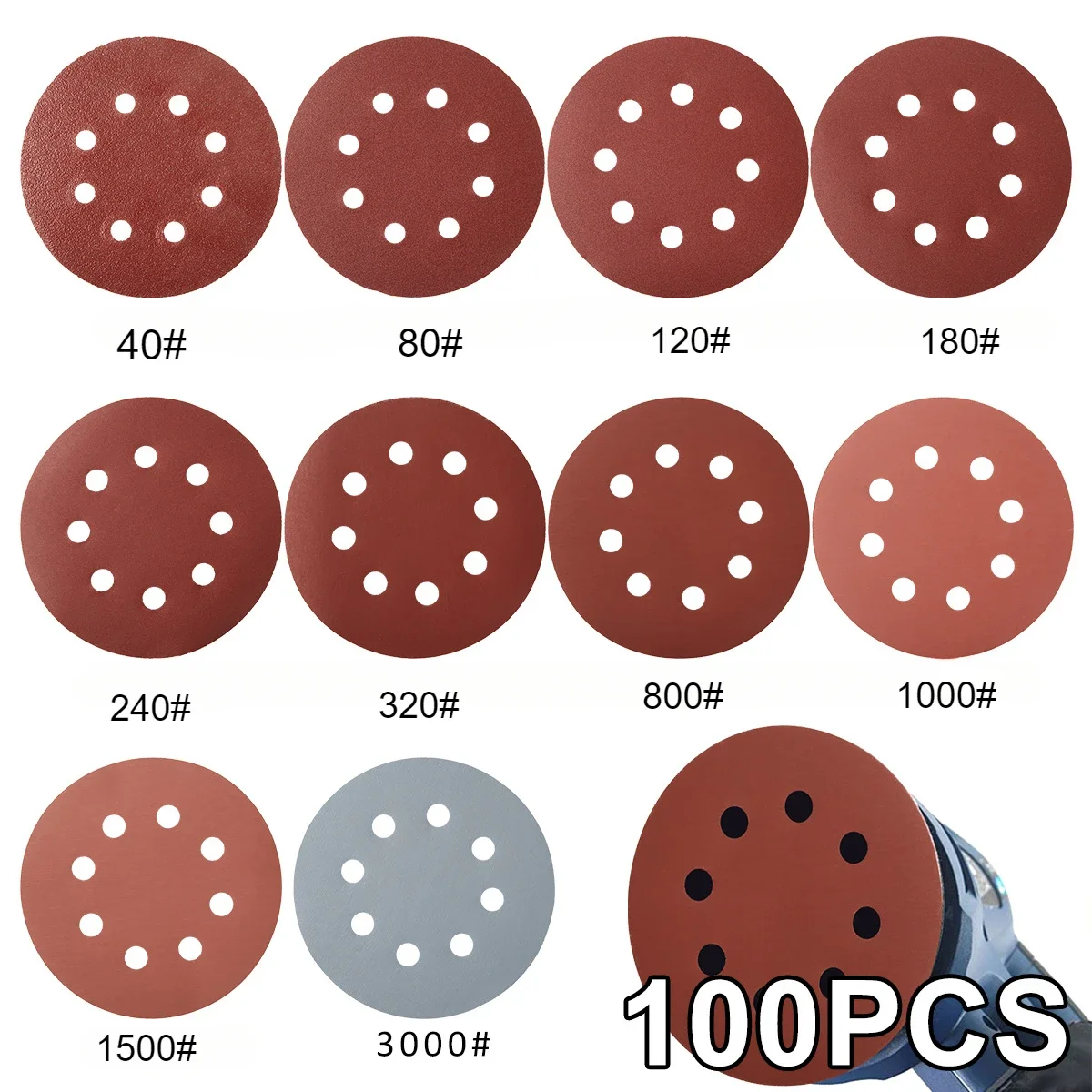 100 szt. tarcz szlifierskich 5-calowa 8-otworowa tarcza szlifierska z tlenku glinu Arkusz szlifierski Papier ścierny do polerowania metalu Drewno Szkło Narzędzie ścierne do samochodu