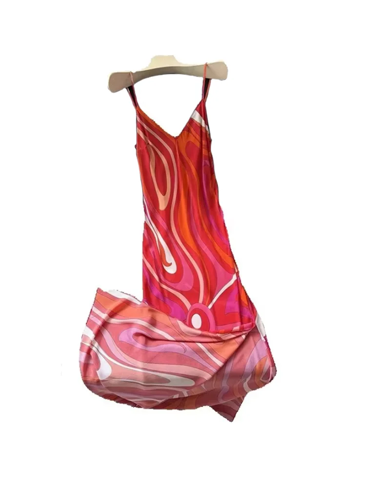 Summer Fashion Beach Party Sexy Elegant Geometric Print Silk Long Dress Women's Spaghetti Strap V-Neck Slim Side Split Dresses