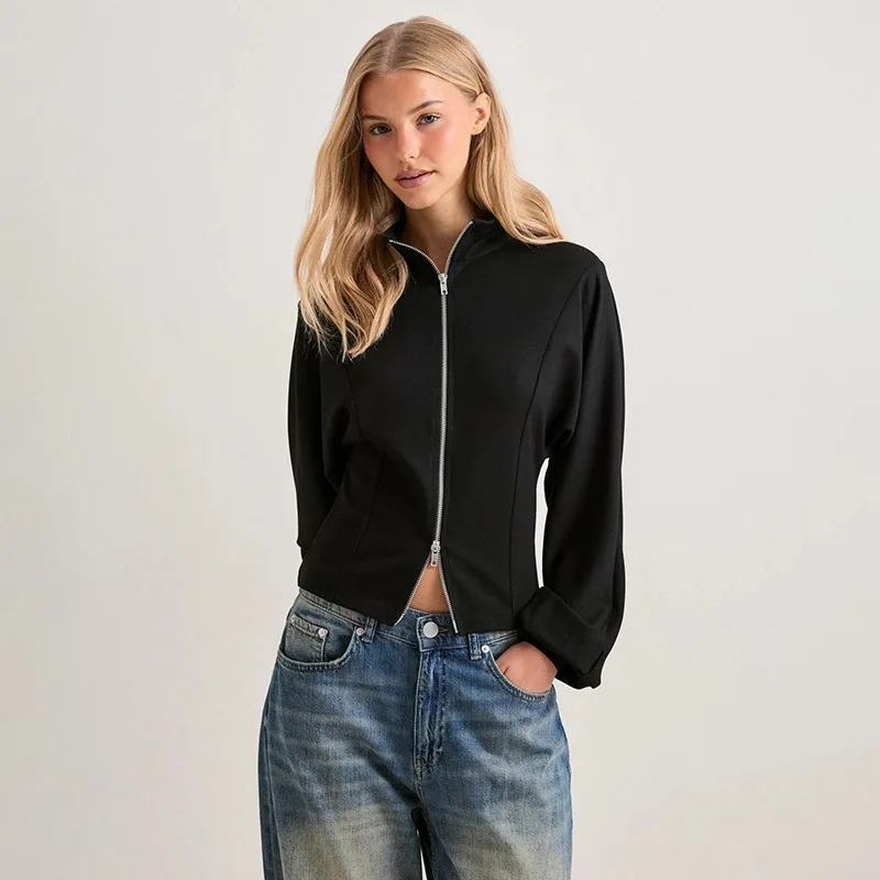 Solid Long Sleeve Pullover, Double Head Zipper Slim Fit Casual Fall Fashion Women Sweatshirt