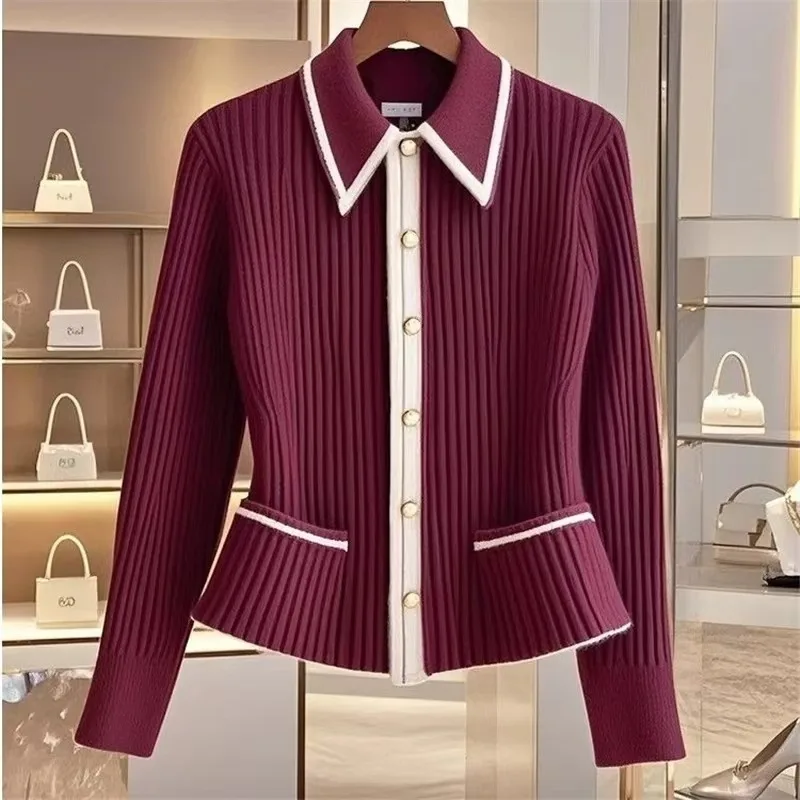 

Autumn Winter High End Contrasting Wool Sweater Women Design Sense Wine Red Knit Cardigan Slim Polo Neck Soft Knitwear Chic Tops