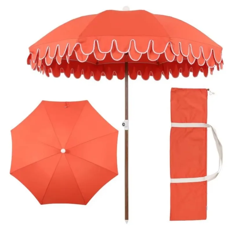 6.6-Foot Beach Umbrella Coastal Coral Red Fringe Bohemian UV 50 + Sunshade Fan Edge Button Tilt Handbag Dark Brown Wood Veneer