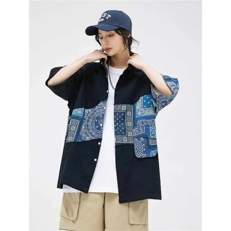 

plus Size 300 Pounds American High Street New Flip Collar Color Block Short Sleeve Shirt Unisex Spring Summer Versatile Shirt
