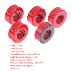 5 Pcs 27*14*11 mm 10μo T106-2 Iron Ferrite Toroid CoresFor Inductors Iron powder Core Red Ring Low permeability
