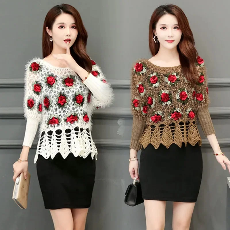 Sweater Women's Autumn 2023 New Crochet Knitwear Short Bat Pullover Sweaters Female Round Neck Bat Sleeve Top