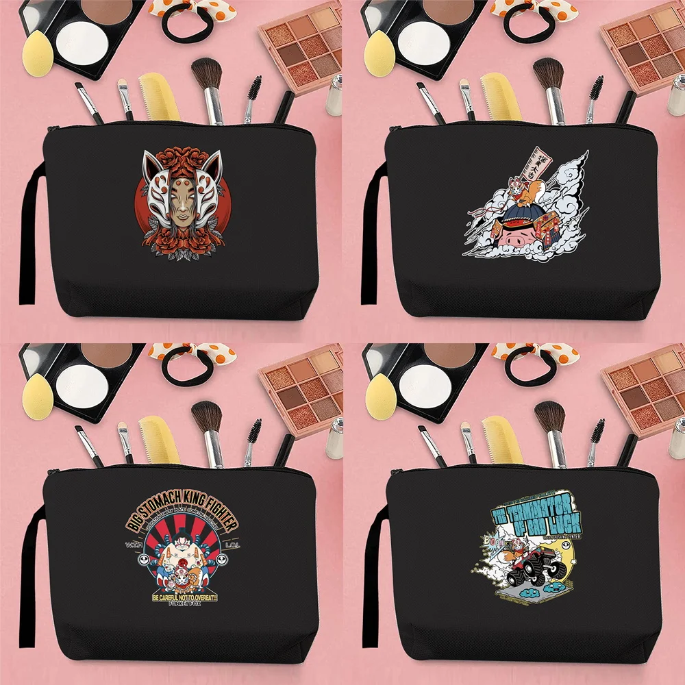 

2026 Street Trend Ladies Storage Cosmetic Bag Fox Mask Pattern Printed Commuter Travel Canvas Black Coin Coin Card Holder Clutch
