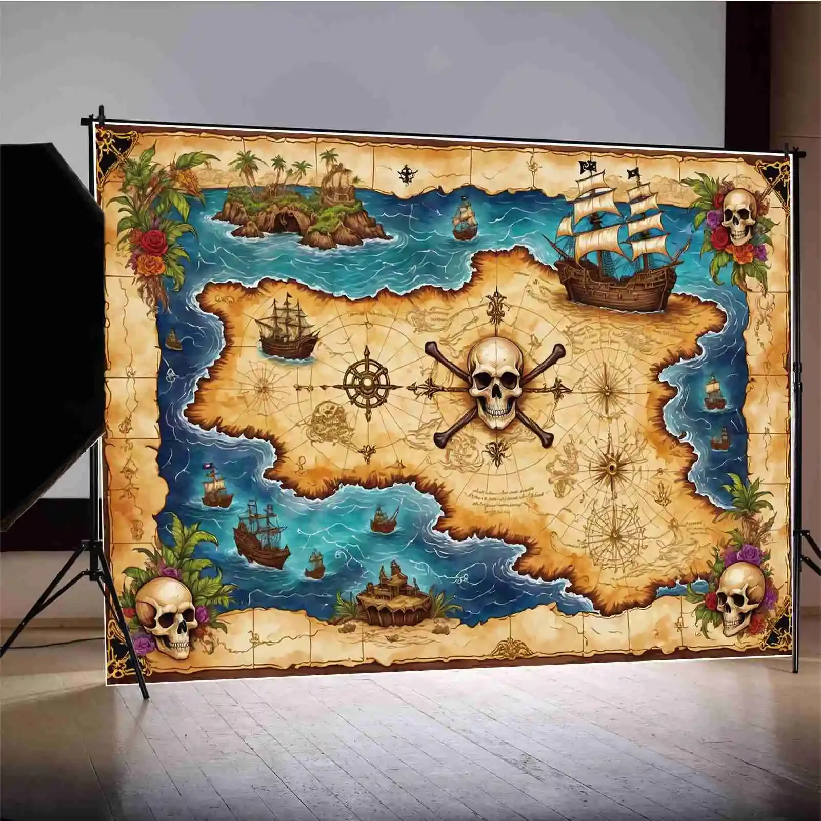 MOON.QG Backdrop Boys Fairy Birthday Pirate Decoration Background World Map Skull Wheel Treasure Ship Baby Boy Photography Props