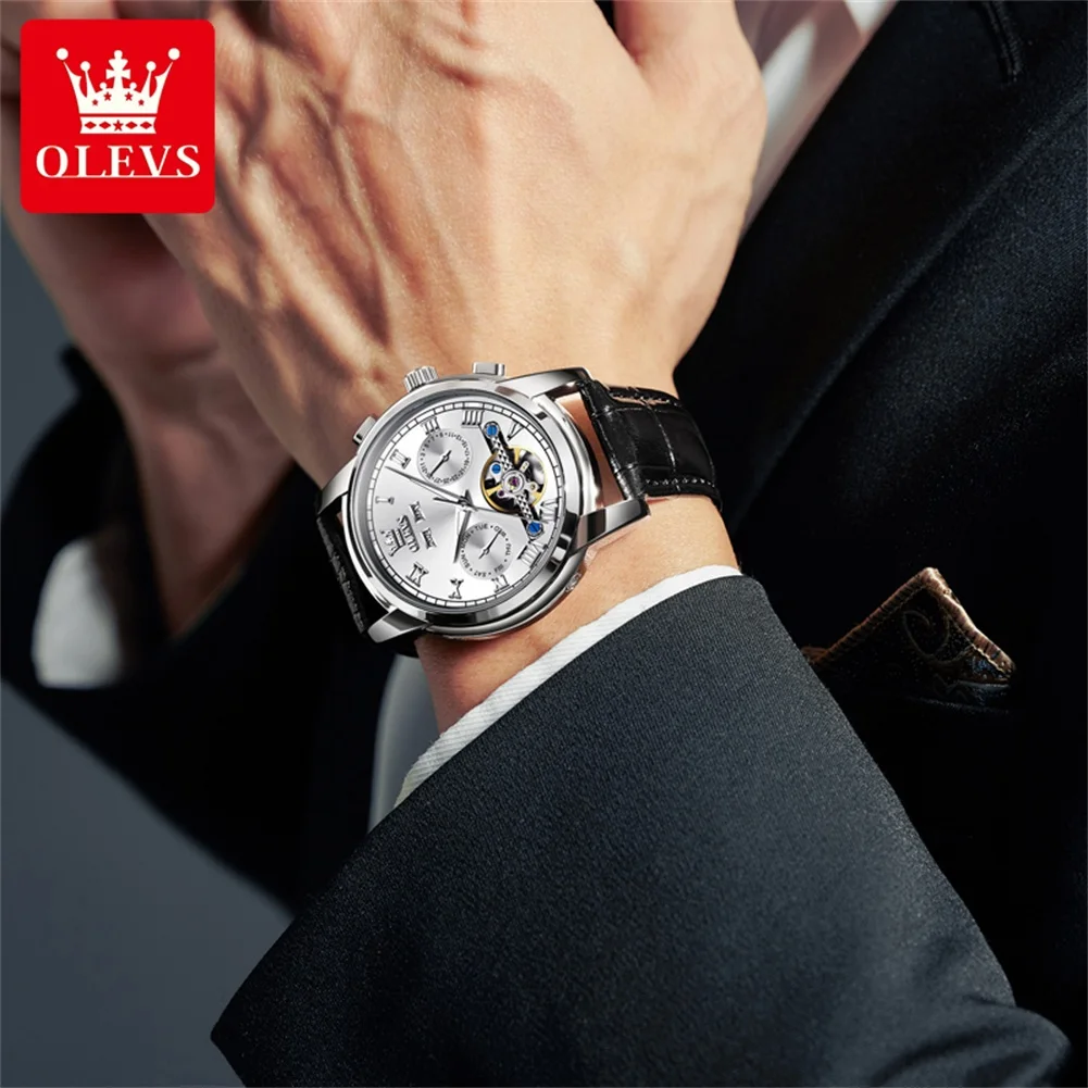 OLEVS-Reloj de pulsera mecánico automático para hombre, cronógrafo de lujo, a la moda, Original, de negocios, resistente al agua, con calendario