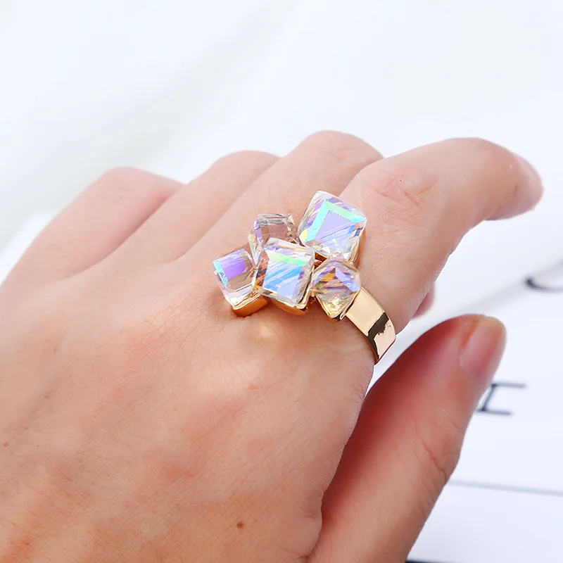 Fashion Irregular Square Crystal Rings for Women Gold Color Open Ring Adjustable Finger Jewelry Birthday Gift