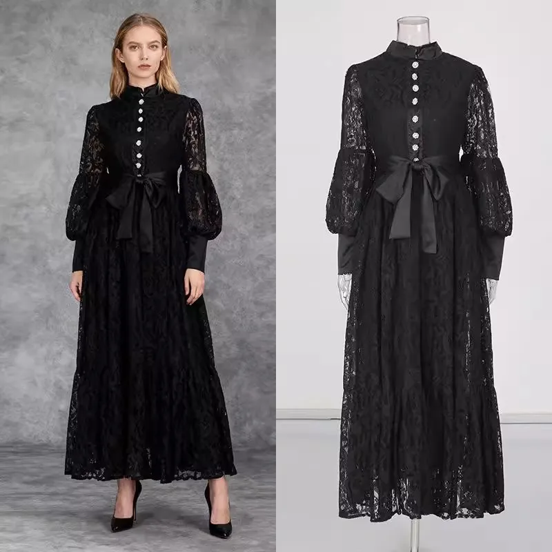 Elegante Spitze Stickerei Prom Kleid Herbst Frau Laterne Hülse Kristall Diamant Tasten Aushöhlen Schärpen Lange Party Kleider