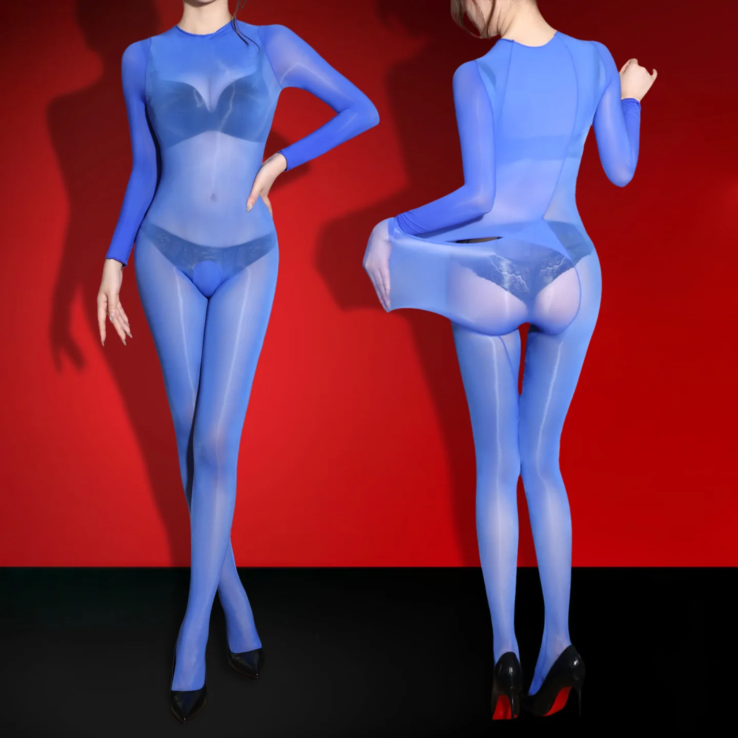Sexy Women 5D Thin Oil Glossy Shiny Long Sleeves Bodysuits Sheer See Through Back Open Maid Tights Jumpsuits Shaping Leotard