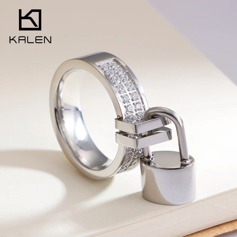 KALEN NEW Stainless Steel Ring Geometry Cubic Zirconia Party Banquet Ring For Women Lock Pendant Ring Finger Ring