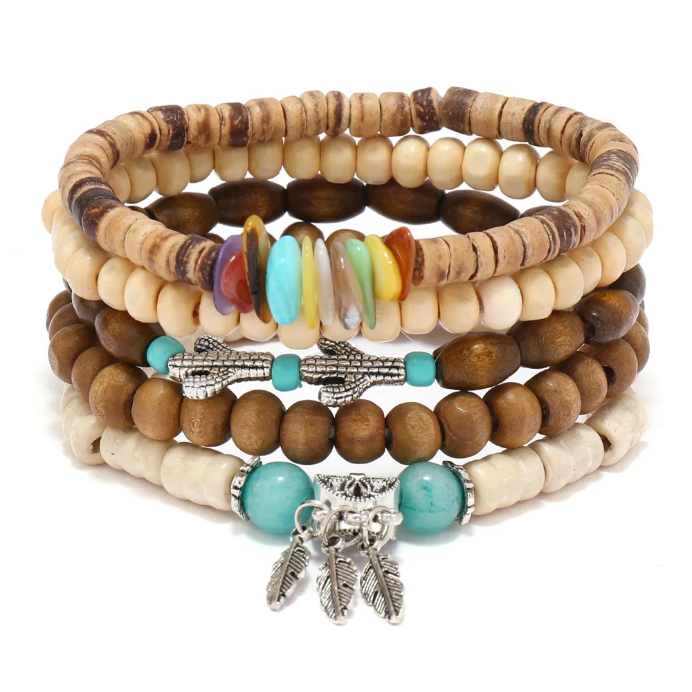 Ethnic 4-5pc/set wood bead tree Cactus Charms bracelets Hamsa Hand Butterfly Bohemia Men Bracelets For Women Female Jewelry