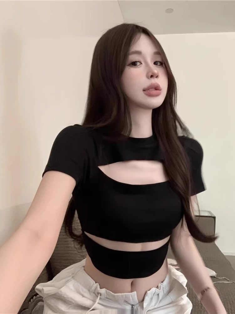 Y2k Aesthetic Women Sexy Hollow Out Tshirts 2026 Harajuku Slim Fit Cropped Casual Tops Streetwear Summer Grunge Solid T-shirt