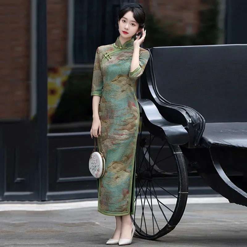 

Spring Green Women Chinese Tradition Style Half Sleeve Cheongsam New Improved Female Mandarin Collar Qipao Dress