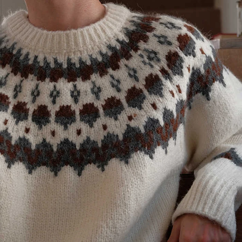 Fair Isle Jacquard Sweater Male Crew Neck Knitwear Pullover Autumn Winter Thickened Christmas Sweater Men Comfortable Knitted