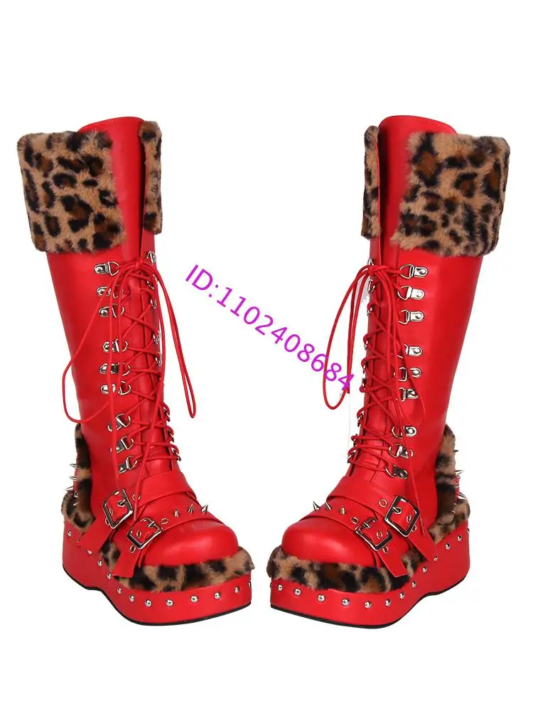 Design Punk Lolita High Platform Fur Boots 8Cm Leopard Print Side Zipper Belts Buckle Lace Up Knee Winter Boots view 3