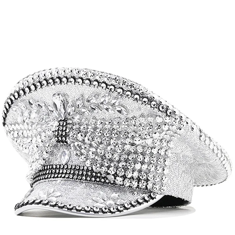 

Women's Wedding Hat Silver Sequin Diamond Bows Photography Hat Peaked Cap Party Carnival Flat Top Performance Hat