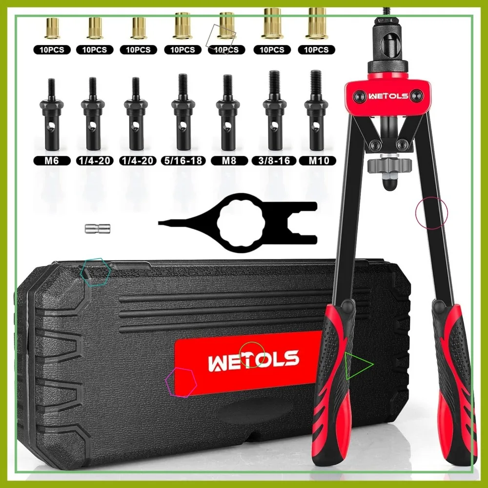 

14-Inch Rivet Nut Tool Kit with 7 Mandrels and 70Pcs Rivnuts, Professional Hand Riveter in Durable Case