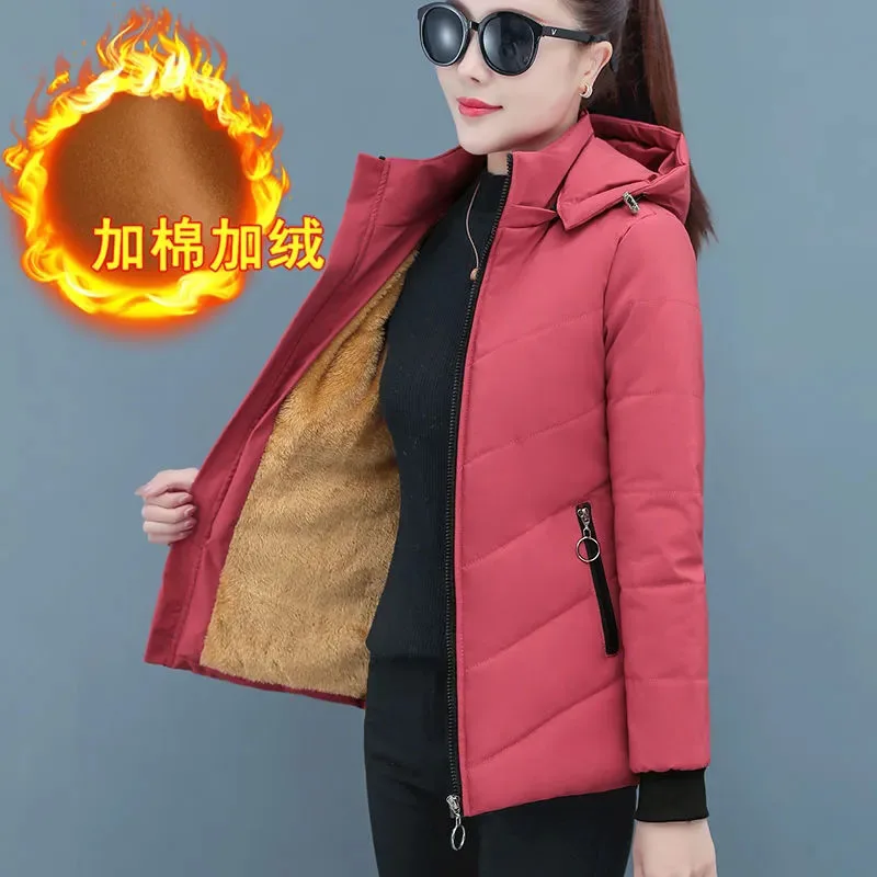 새로운 여성용 벨벳 코튼 재킷 겨울 따뜻한 후드 파카 오버코트 여성 패딩 재킷 캐주얼 다운 코튼 재킷 5XL