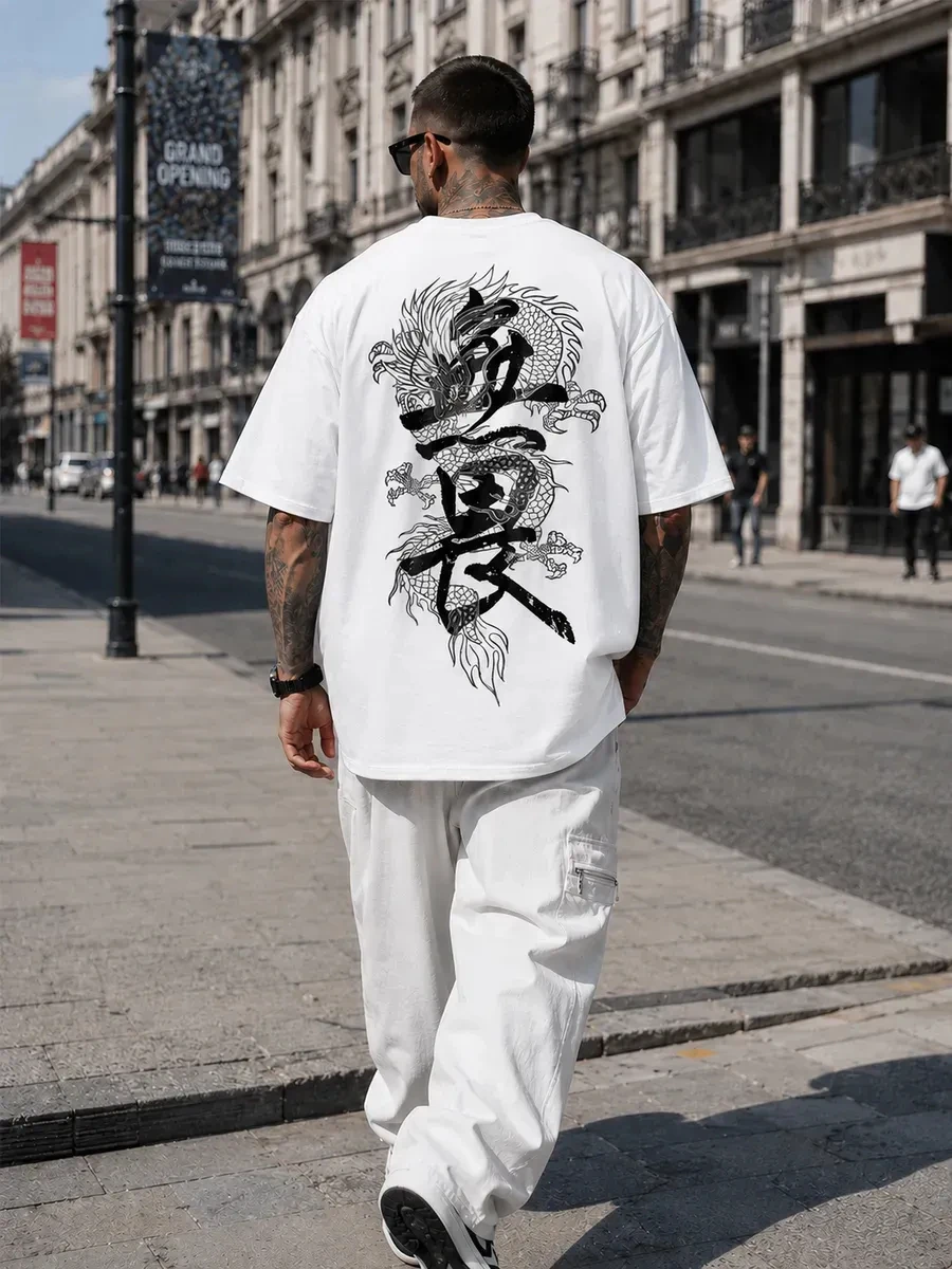 2026 Retro Chinese Dragon Calligraphy Graphic Tee Cotton Men's T-shirt Summer Casual Streetwear Breathable Soft Daily Tops
