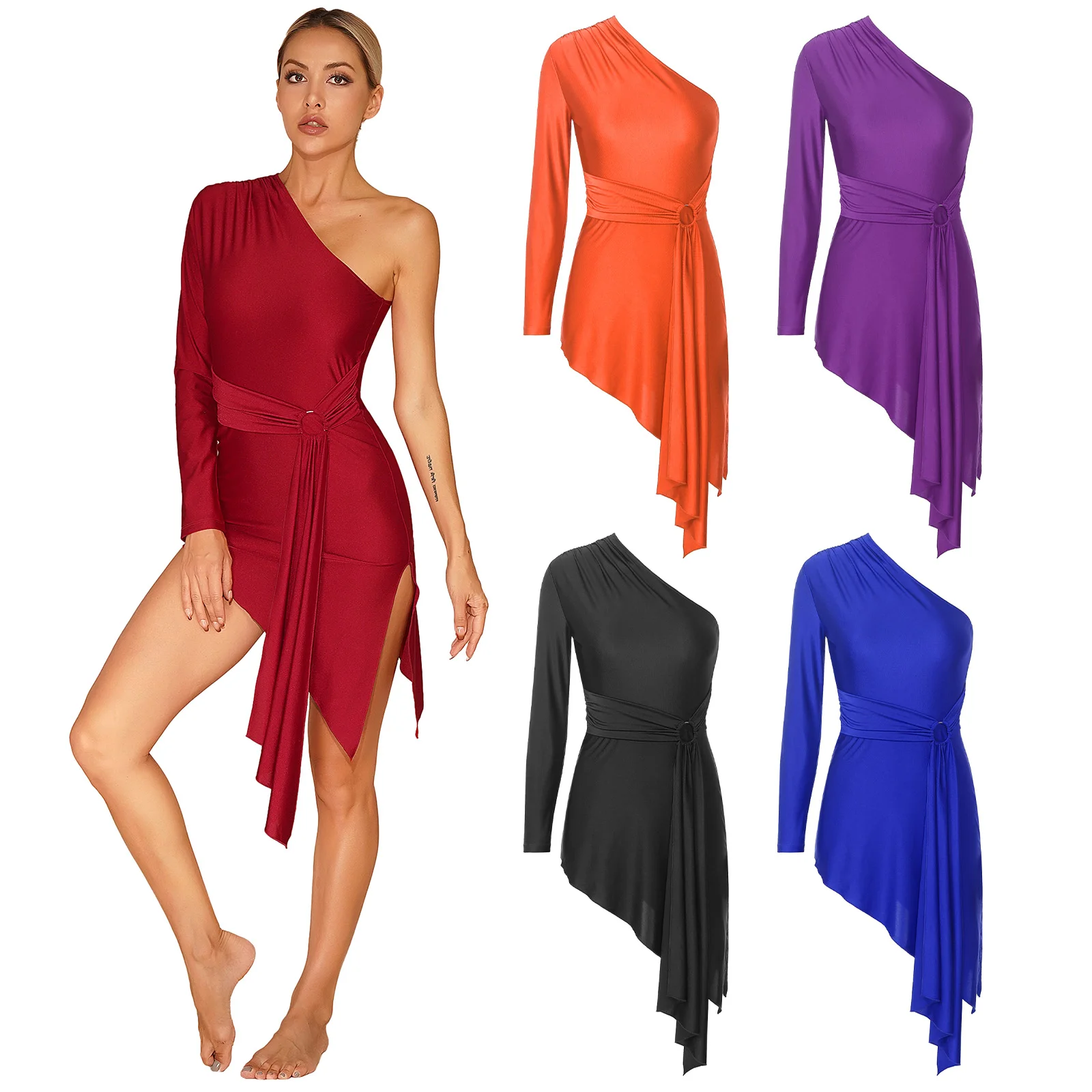 Womens One Shoulder Dress Latin Dancewear Long Sleeve Asymmetrical Hem Belted Dresses for Tango Samba Cha-Cha Ballroom Dance