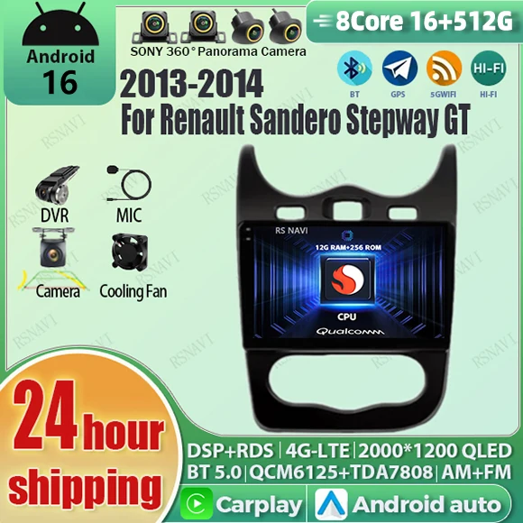 Android 16 Carplay Auto Qualcomm 2K QLED Screen Car Radio Player For Renault Sandero Stepway GT 2013-2014 GPS Multimedia Wifi BT