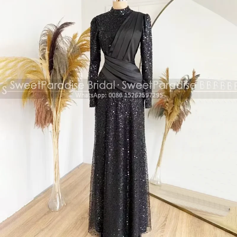 Lentejuelas personalizadas una línea vestidos para madre de la novia con mangas largas cuello alto vestido de noche Formal negro vestido de fiesta