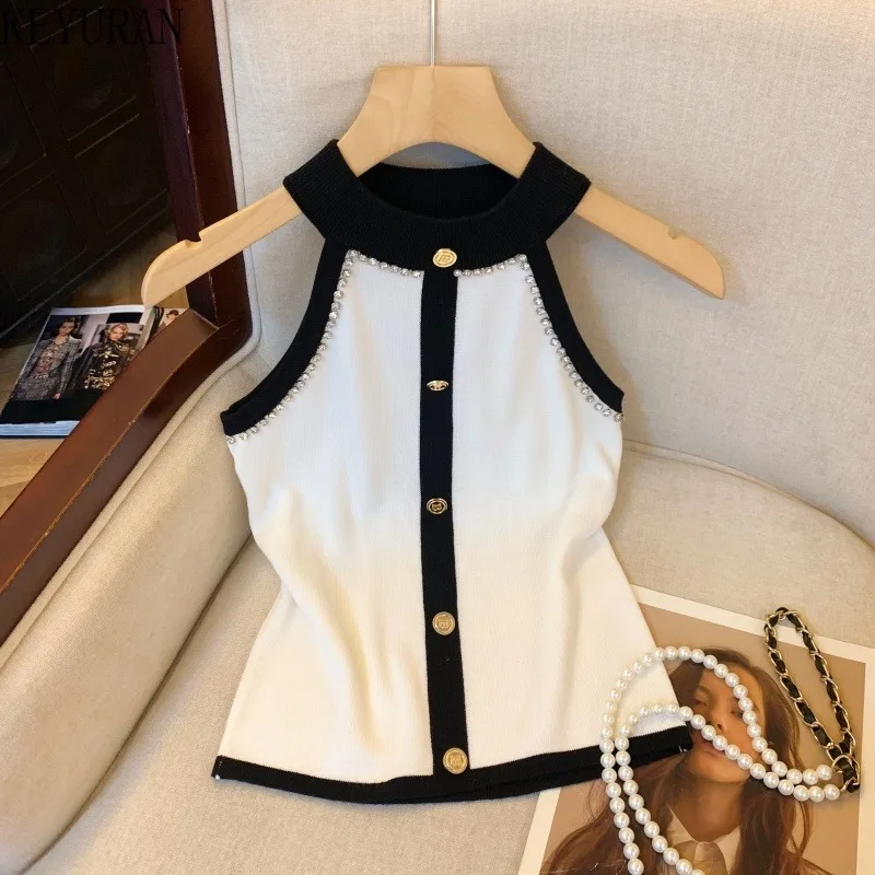 

2025 Summer Halter Knit Vest Women Women's Korean Style Diamonds Beading Temperament Sleeveless Knitwear Sexy Slim Fit Crop Top