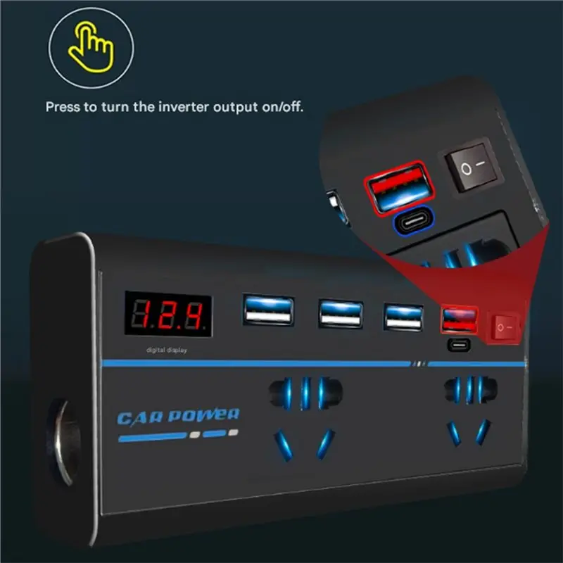 AS57-Car Inverter Power Adapter 200W Featuring 8 Ports QC 3.0 USB/PD Type-C Chargers For Mobile Phone Battery Charging