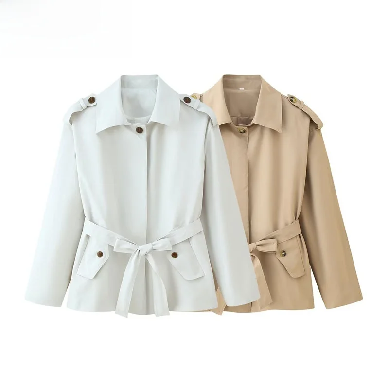 

ZBZR Autumn New Women's ort Loose Coat Pure Color with Belt Flip Collar Jaet kets Warm Polyester Fiber Universal
