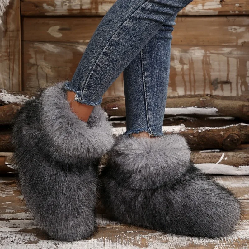 Inverno donna Fluffy Faux Fox Fur Boots donna peluche stivali da neve caldi calzature di lusso ragazze Furry Fur Bottes Fashion Winter Shoe