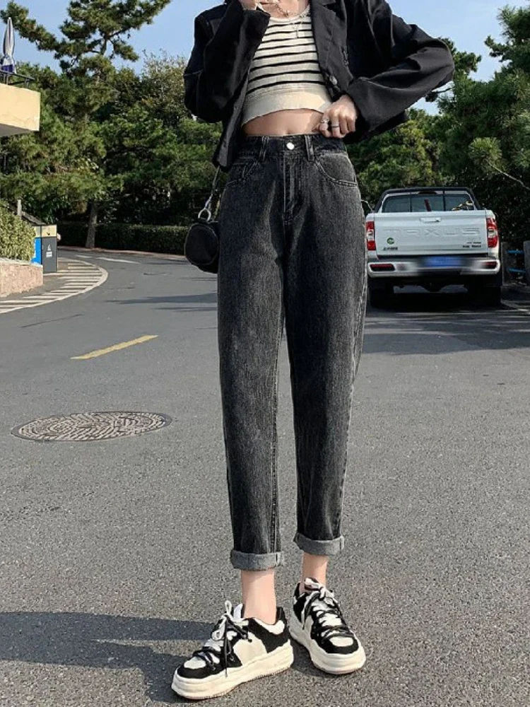Damskie jeansy jesienno-zimowe, modne, proste, eleganckie spodnie dżinsowe, vintage, z wysokim stanem, codzienne spodnie typu haremki, pantalones de mujer