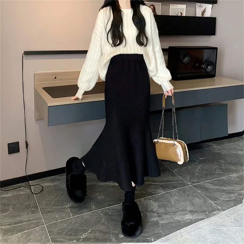 Zwarte Midi Rokken Vrouwen Herfst Winter Gebreide Zachte Faldas Fishtail Temper All-Match Streetwear Mode Koreaanse Stijl Elegant