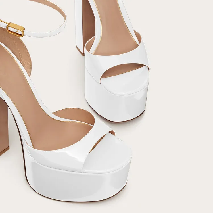 Gold White Size34-43 Sandals Women's Thick Heel Square Head Buckle Waterproof Table Open Toe Hollow Word with High Heel Sandals image 4