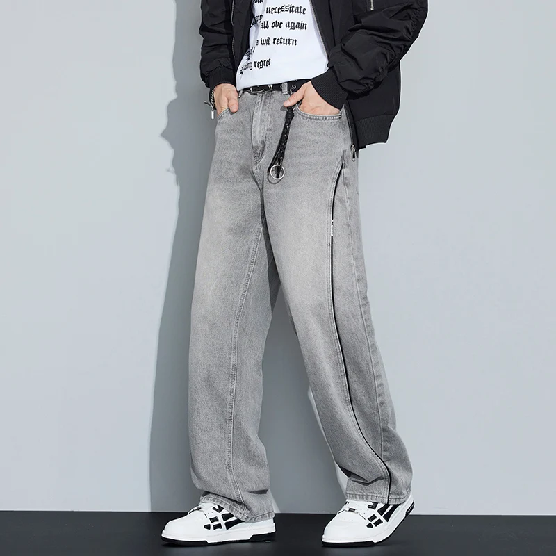 

Весенне-осенние потертые джинсы в американском стиле, повседневные винтажные прямые свободные широкие брюки, универсальные мужские повседневные джинсы
