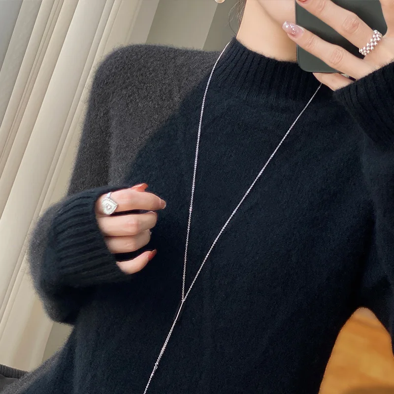 LDZWSM Wool Sweater Women Pure Color Half high collar Casual Long-sleeved Loose Pullover Wool Cashmere Sweater Women's