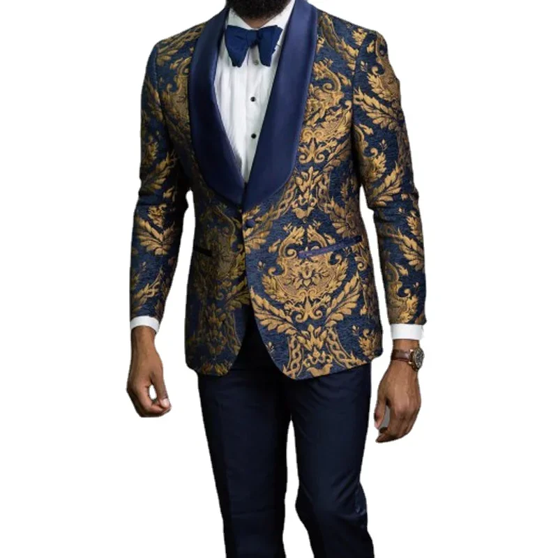 Navy Blue Floral Men Suits With Satin Shawl Lapel 3 Piece Slim Fit Groom Tuxedo Jacket Vest With Pants Male Fashion Costume