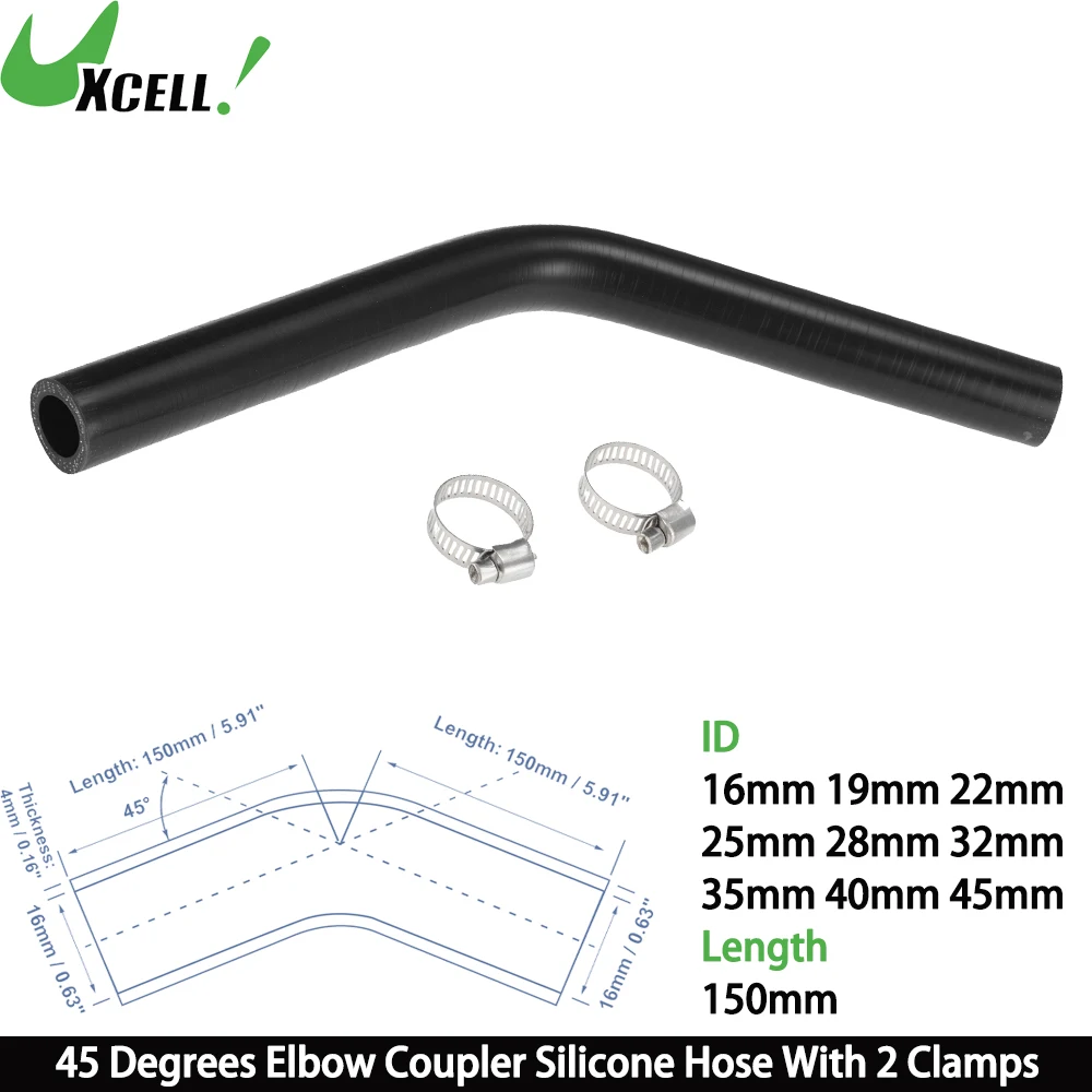UXCELL 45 Degrees Elbow Coupler Silicone Hose 16mm 19mm 22mm 25mm 28mm 32mm 35mm 40mm 45mm ID 150mm Length Black with 2 Clamps