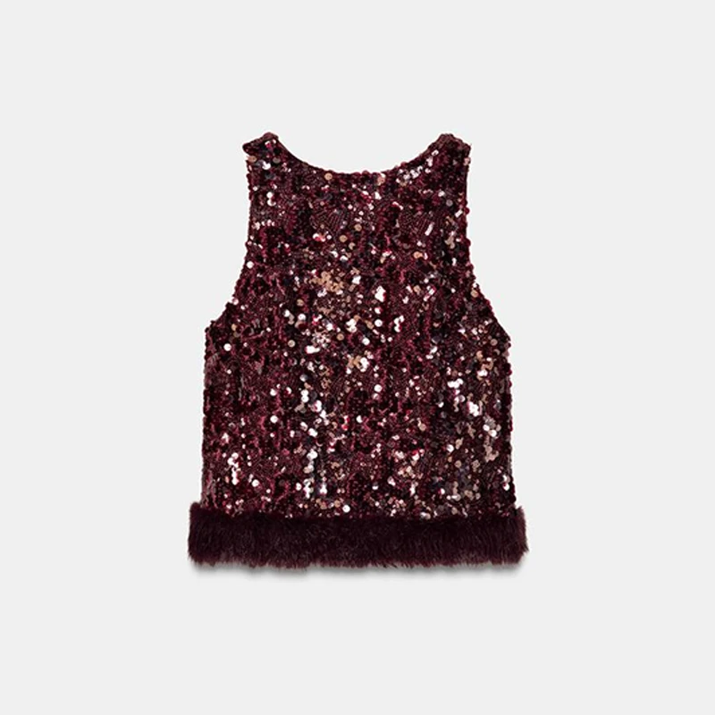 Sexy Shinny Paillettes Gilet Pantalone O Colletto Orlo peloso Halter Top Pantaloni larghi solidi 2025 Nwe Lady Fashion Party Streetwear