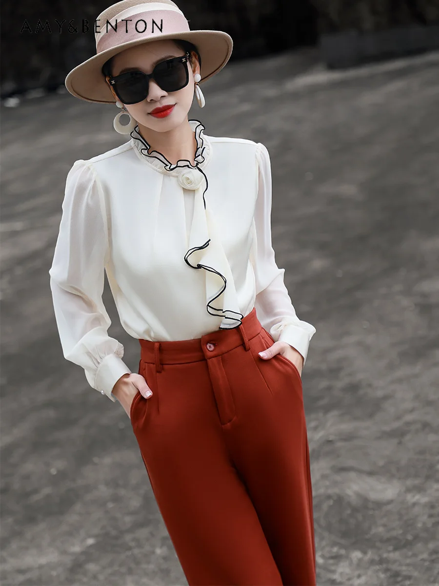 

2024 Spring New Elegant French Style Three-Dimensional Flower Ruffled Long Sleeve Blouse Women High Sense Elegant White Shirt